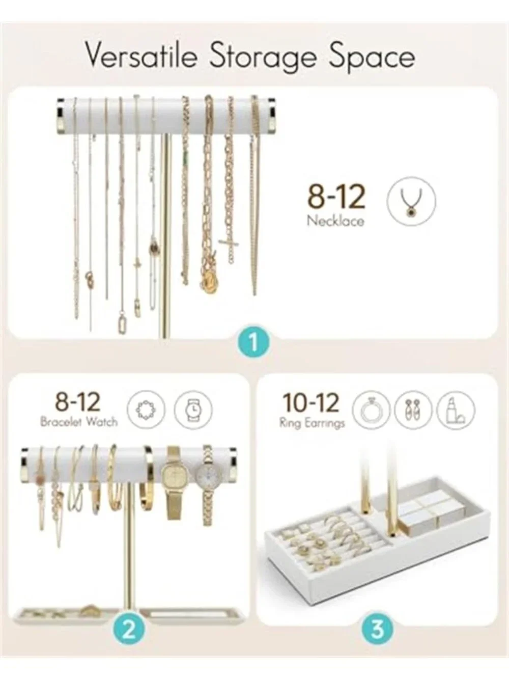 Jewelry Organizer Stand Bracelet Necklace Ring Earring Holder Display Tray White